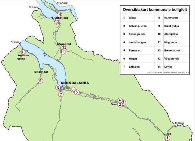 Kart med oversikt over kommunale boligfelt i Sunndal