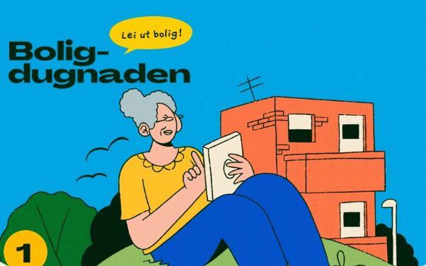 Illustrasjon av gammel dame med nettbrett foran et hus - Klikk for stort bilde