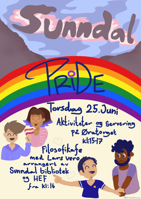 Plakat for Pride Sunndal 2026. I tillegg til filosofikafeén blir det aktiviteter og servering på Øratorget kl.15-17. - Klikk for stort bilde